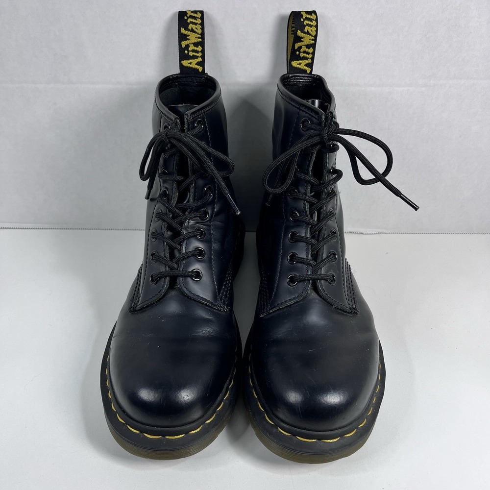 Dr. Martens 1460 Womens Black Smooth Leather Boots With Yellow Stitching Size 8